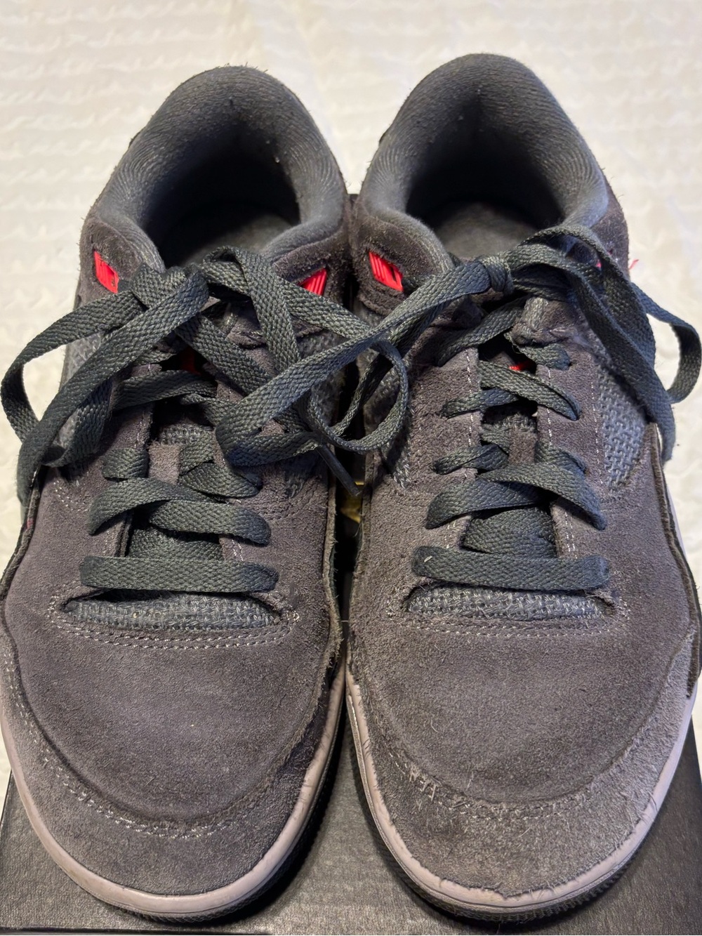 Jordan Youth Size 7 Gray Suede Low-Top Sneakers with Orange Accents